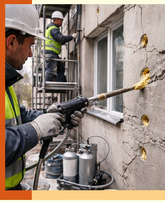 Заполнение пустот в фасаде и утепление стен в Губкине